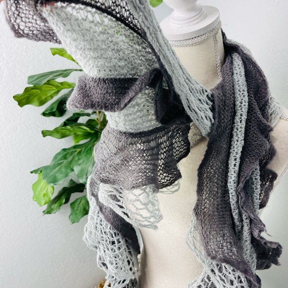 Grey Knit Ruffle Fringe Soft Acrylic Scarf - Picture 3 of 6